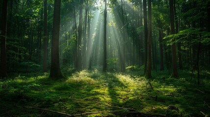 Sun rays filtering through dense forest canopy, illuminating lush green undergrowth in a serene, tranquil setting.