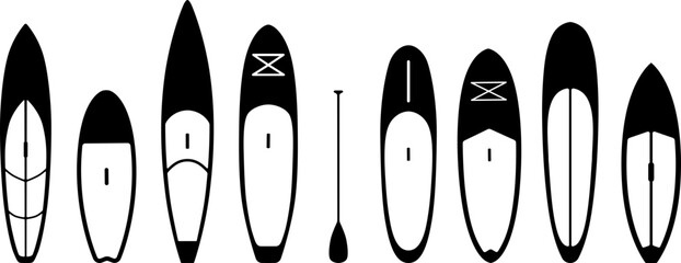 Vector Icons of Various Paddle Boards and Paddle