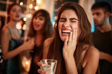 Young white woman in pain at party with friends. Concept for dental issues and discomfort