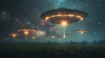 Brightly lit UFO fleet descending over a green rice field, stars twinkling in a deep cosmic backdrop, light beams cutting through the night