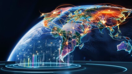 3D render of a futuristic digital network map, showcasing the global connectivity of South America. The map with cities and countries connected by glowing lines of communication.