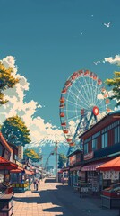 Obraz premium A digital artwork of community events with a simple scene of a small-town fair, complete with a Ferris wheel and food stalls. The minimalist style uses clean lines and bright colors to evoke a sense