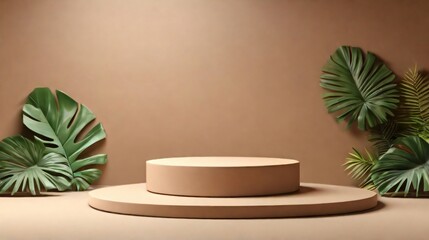 minimalistic brown background with podiums for presentation beauty product and some tropical leaf  flower decoration