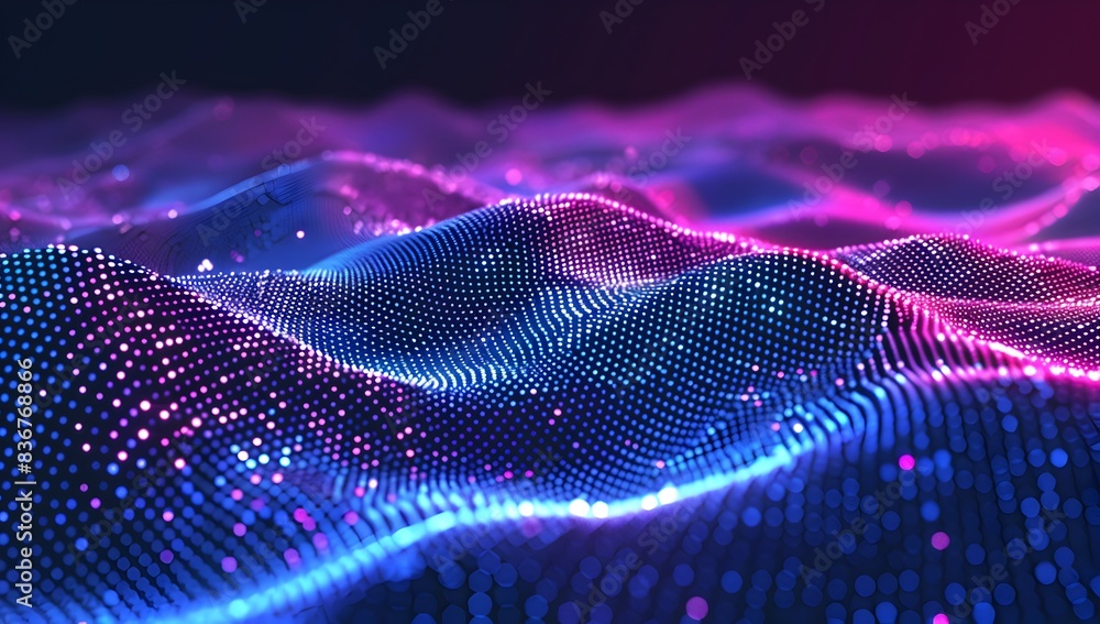 Poster abstract background with blue and purple gradient dots in the form of landscape with small particles