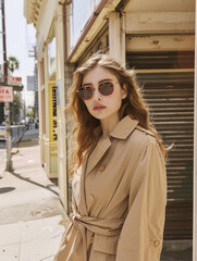 the woman is standing outside wearing glasses and a tan trench coat