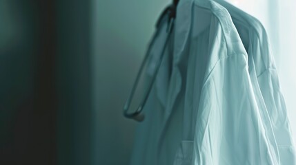 Close-up of a doctor's white coat hanging on a hook, foggy, no humans, soft focus, dim light 
