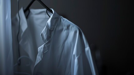 Pharmacist's lab coat on a hanger, close-up, foggy with no humans, dim twilight
