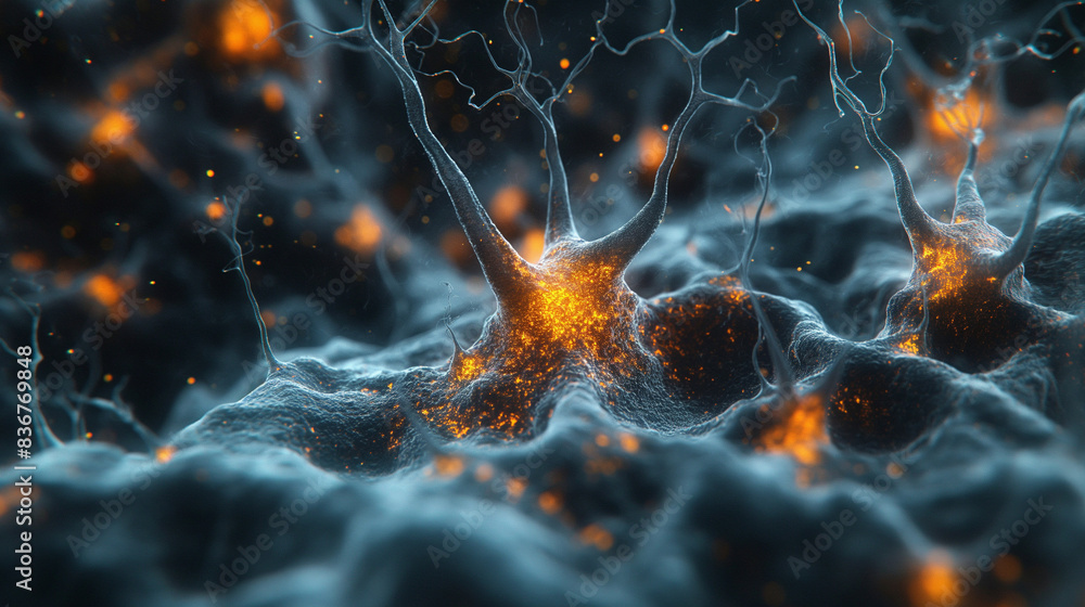 Poster neuron cell close-up view - 3d rendered image of neuron cell on black background. sem view interconn