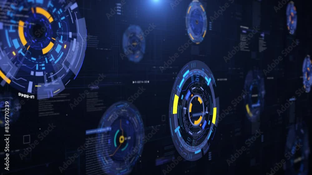 Poster hud futuristic spinning circle crosshair, gadget on ui template for business development, game, tech
