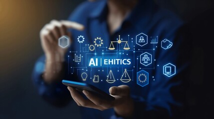 Naklejka premium a person in a blue shirt interacting with a digital interface. The interface should display the central text 'AI