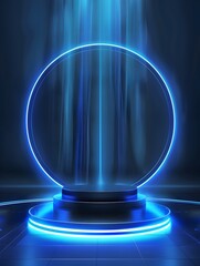 Futuristic Technology Background with Glowing Hologram Elements and Circular Podium for Product Presentation