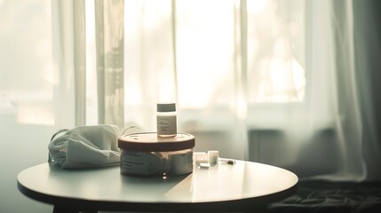 Fototapeta premium Close-up of a wound dressing kit on a side table, foggy, no people, muted evening light 