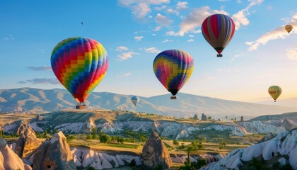 Naklejka premium Aerial Bliss: Hot Air Balloons Soaring Over Goreme, Cappadocia