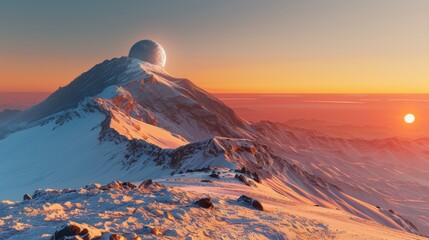 Sunset on a Distant Mountain with a Moon in the Sky