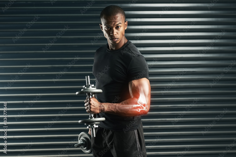 Wall mural Black Man, portrait and weights for body injury with red glow, exercise and fitness for arm x ray. Male model, training and muscles for strong athlete, bodybuilder and dumbells for workout in studio