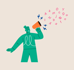 Woman with megaphone and shout with alphabet letters. Colorful vector illustration