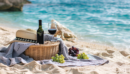 Blanket with wine and snacks for picnic near basket on sandy beach