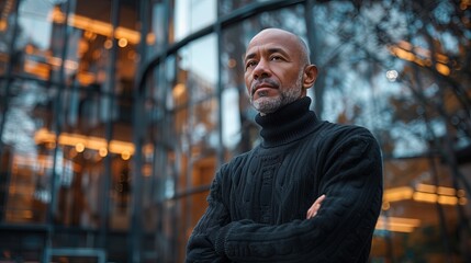A man stands with his arms crossed, gazing thoughtfully at a city backdrop, illuminated by warm lights