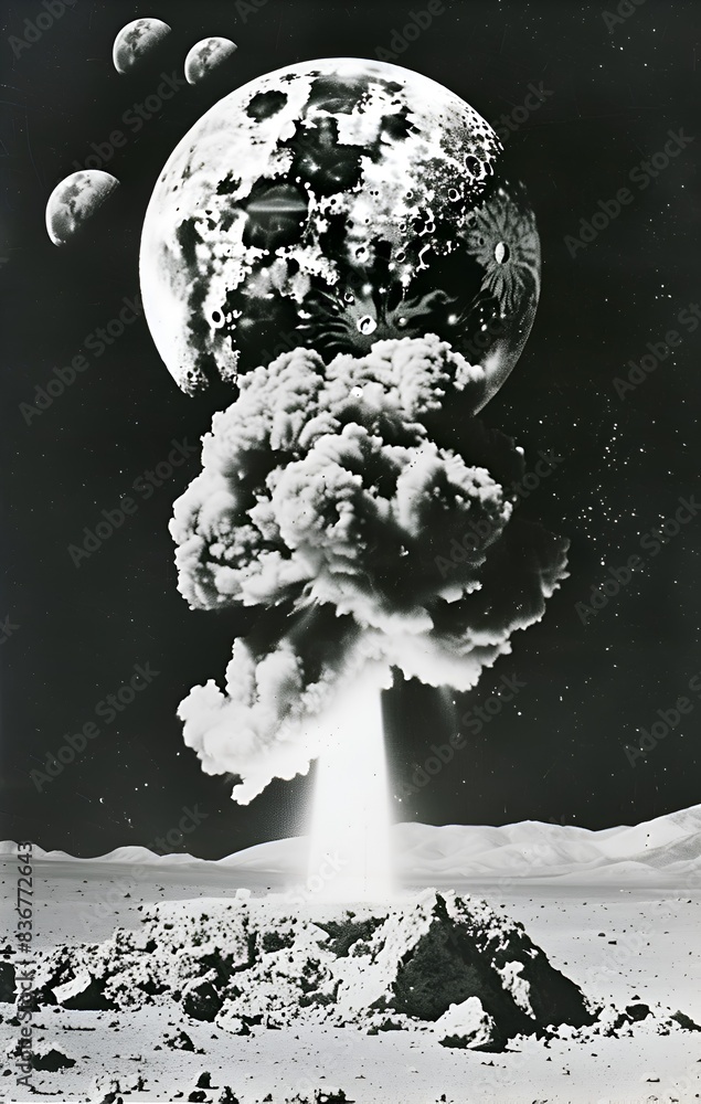 Poster a black and white photo of a large moon with a large explosion in the background. scene is one of de