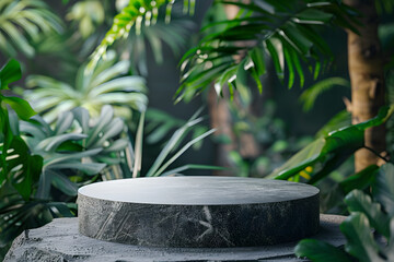 Round gray stone cosmetics product advertising podium stand with tropical leaves background. Empty natural stone pedestal platform to display beauty product. Mockup