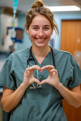 Joyful female nurse smiling, making heart shape with hands in hospital setting