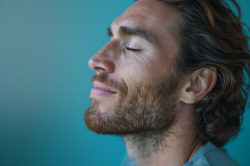 Obraz premium A close up of a man with beard and closed eyes looking to a side