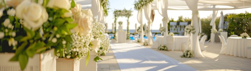 Outdoor wedding tent with white decorations awaiting guests for event design