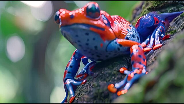 Close-up of a dart frog on moss, Dendrobates tinctorius azureus