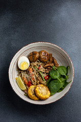 Asian cuisine. Noodles with egg and corn in a plate. On a dark background