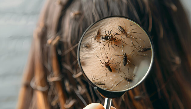 Pediculosis. Woman with lice and nits on grey background, closeup. View through magnifying glass on hair