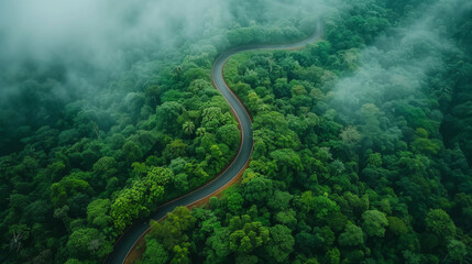 A breathtaking aerial view of a curved road winding through lush green forests during the rain season.