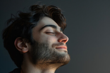 Fototapeta premium A close up of a man with beard and closed eyes looking to a side