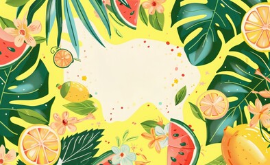Summer time banner template design with summer elements, including lemon, watermelon, kiwi and palm leaf on a yellow background. Commercial ad poster layout, mockup. summer background with fruits