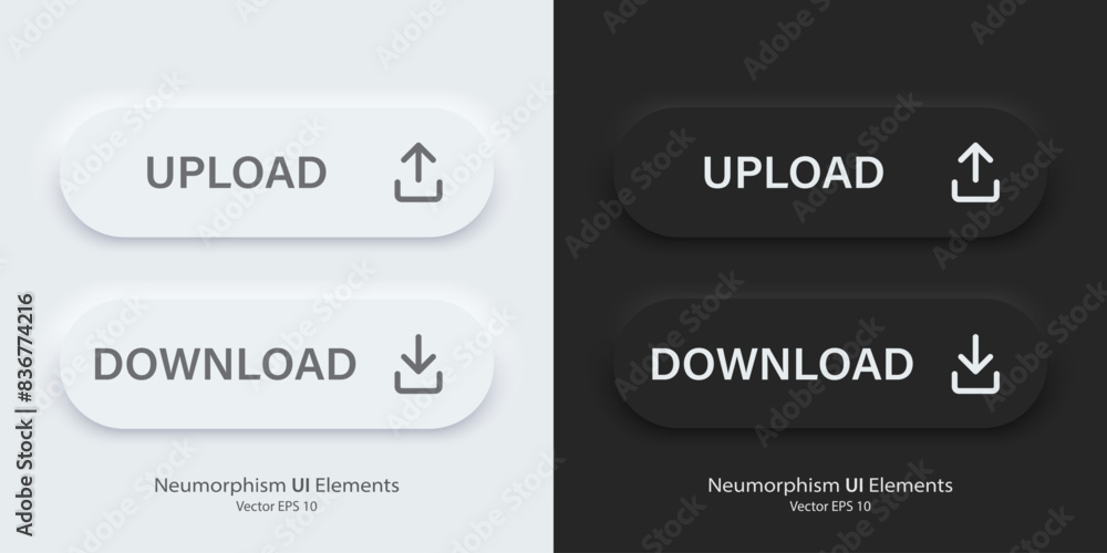 Poster A set of black and white bar buttons with download, upload symbols. UP-Download vector icon in trendy neumorphic style. 3D Neumorphism design style for Apps, Websites, Interfaces and mobile app menu.