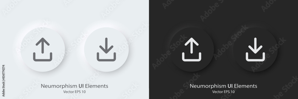 Poster A set of black and white round buttons with download, upload symbols. UP-Download vector icon in trendy neumorphic style. 3D Neumorphism design style for Apps, Websites, Interface and mobile app menu.