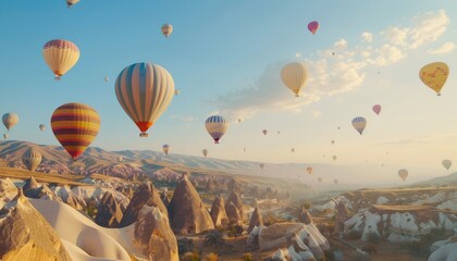Naklejka premium Mesmerizing Scene: Hot Air Balloons Soaring Over Cappadocia's Rock Formations in Goreme, Turkey