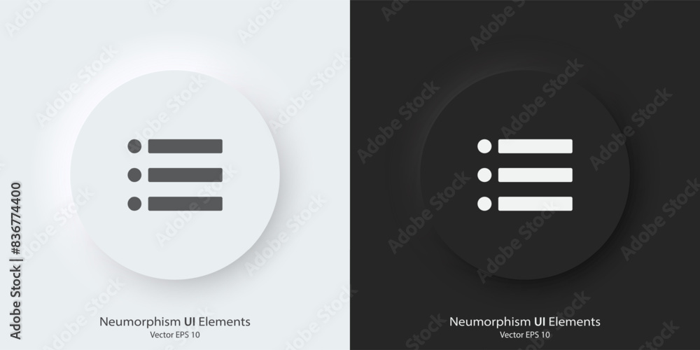 Poster A set of black and white round buttons with see more detail symbols. Vector icon in trendy neumorphic style. 3D Neumorphism design style for Apps, Websites, Interfaces and mobile app menu.