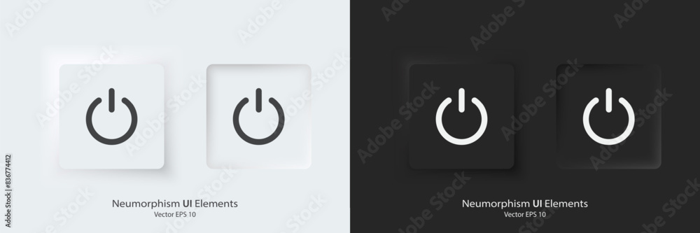 Aufkleber A set of black and white square buttons with power symbols. Power vector icon in trendy neumorphic style. 3D Neumorphism design style for Apps, Websites, Interfaces and mobile app menu.
