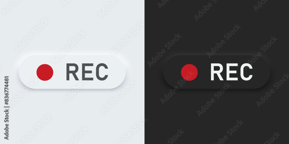 Poster A set of black and white bar buttons with REC symbols. REC vector icon in trendy neumorphic style. 3D Neumorphism design style for Apps, Websites, Interfaces and mobile app menu.