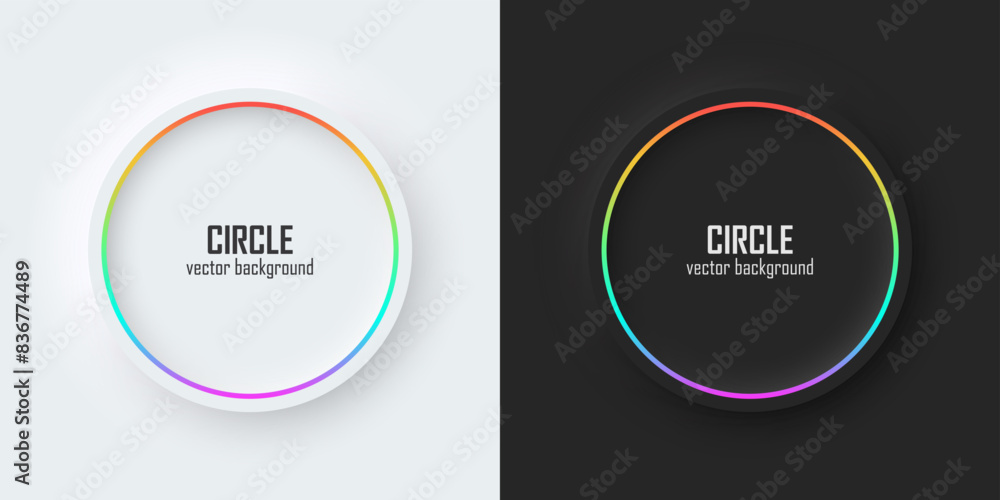 Leinwandbilder Set of realistic 3d circle, Rainbow illuminate neon lighting, Circles frames on a white and black background in neumorphism style. Elements for design. Top view of podium. EPS10 vector.