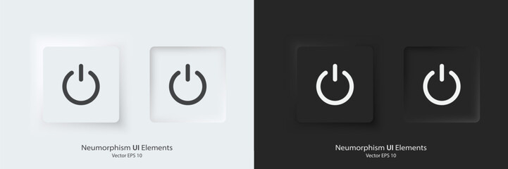 A set of black and white square buttons with power symbols. Power vector icon in trendy neumorphic style. 3D Neumorphism design style for Apps, Websites, Interfaces and mobile app menu.