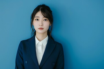 Professional Japanese Businesswoman in Suit Against Blue Backdrop - Ideal for Marketing with Text Area