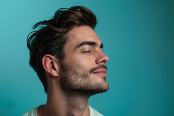 A close up of a man with beard and closed eyes looking to a side