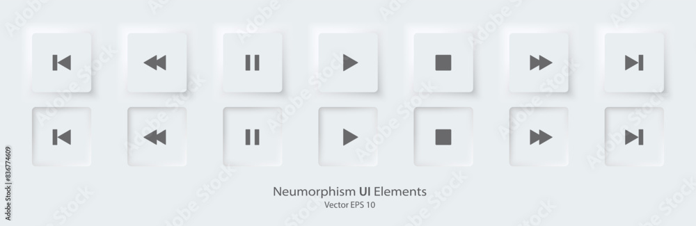 Poster Set of play button icons for music player mobile app. 3d modern design UI button. Neumorphism design style for Apps, Websites, and Interfaces. Vector illustration EPS 10.