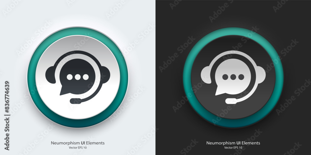 Poster A set of black and white round buttons with chatbot symbols. Chatbot vector icon in trendy neumorphic style. 3D Neumorphism design style for Apps, Websites, Interfaces and mobile app menu.