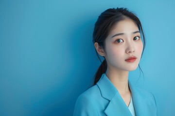 Stylish Japanese Lady in Suit with Blue Background - Advertising Image with Ample Space for Text