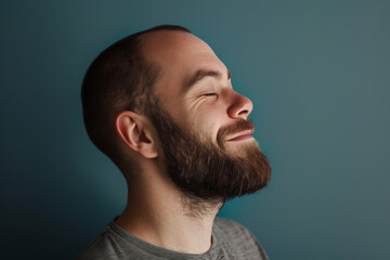 Obraz premium A close up of a man with beard and closed eyes looking to a side