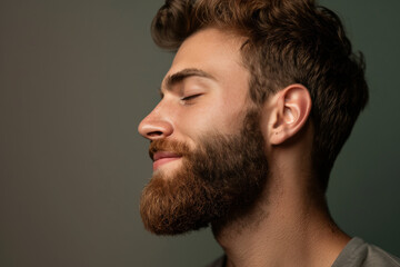 Obraz premium A close up of a man with beard and closed eyes looking to a side
