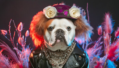 rockstar, hund, rockig, Lederjacke, neu, clubbing, Tournee, close up, spaß, cartoon, punk, rockabilly, kreativ, halloween, mops, bulldogge, chapeau, flora, leuchtend, bunt, bunte, copy space