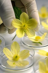 A person is holding a yellow flower in a petri dish. Concept of curiosity and scientific exploration, as the person is examining the flower under a microscope